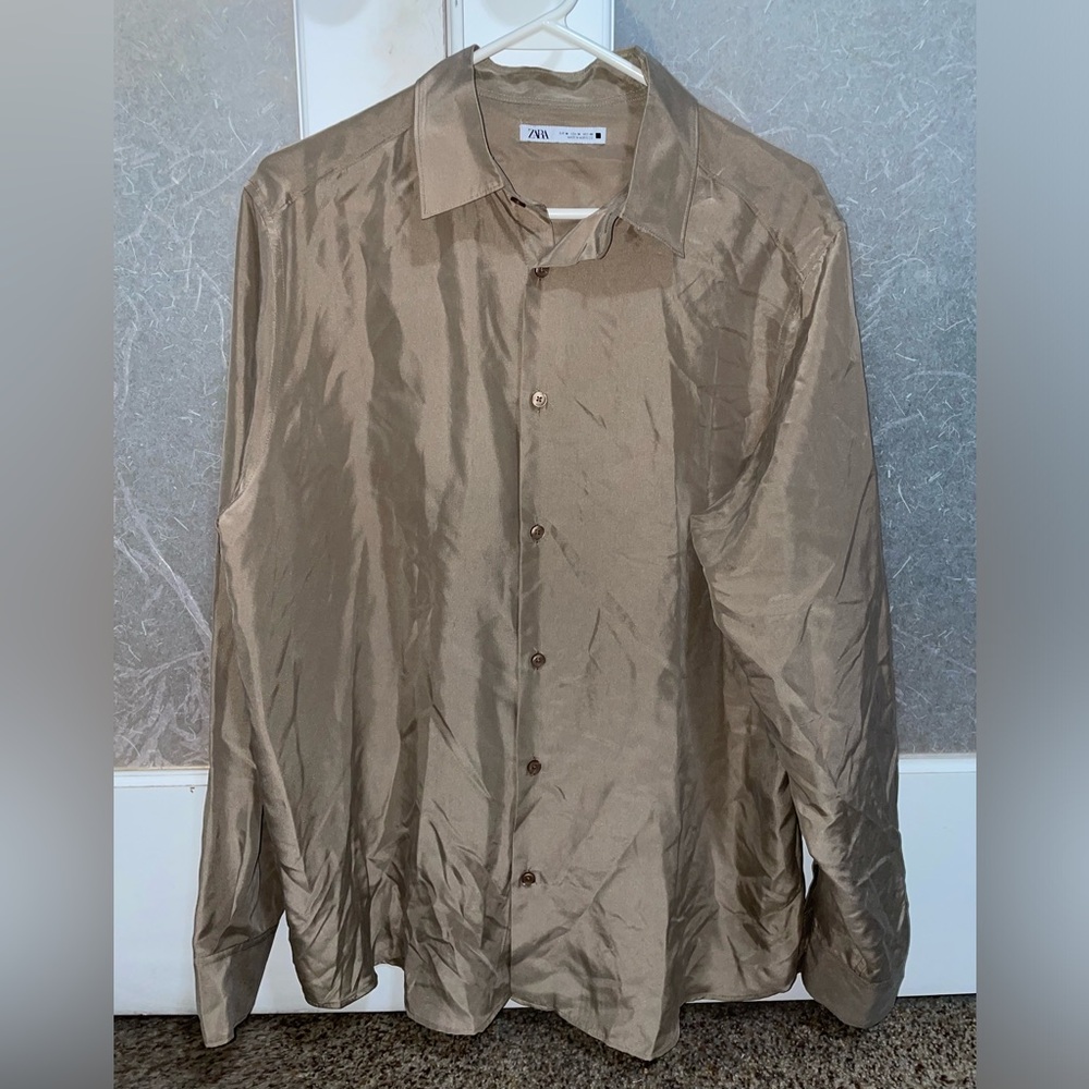 Mens Zara khaki color 100% silk button up in medium